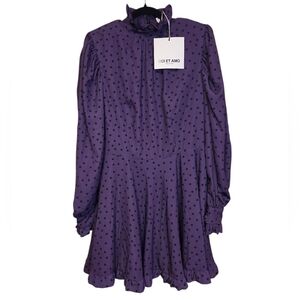 NWT Odi Et Amo Purple Polka Dot Mock Neck Ruffle Mini Fit Flare Dress IT 44 US 8